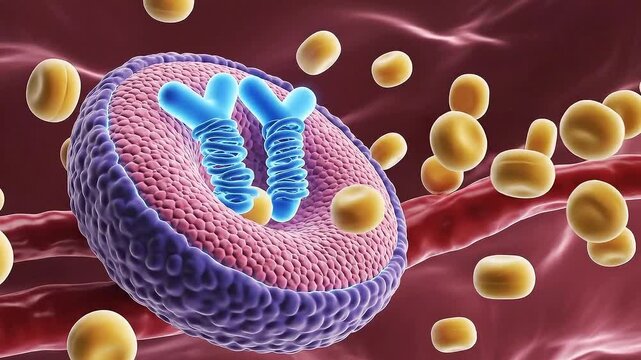 Microscopic view of a liposome carrying therapeutic molecules within a blood vessel surrounded by red blood cells and plasma, scientific illustration