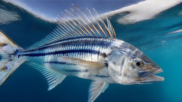 Majestic striped fish with long dorsal fins gracefully swims in clear blue ocean water.