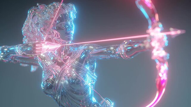 3D holographic cupid bow shooting neon arrow, surreal sci-fi Valentine render