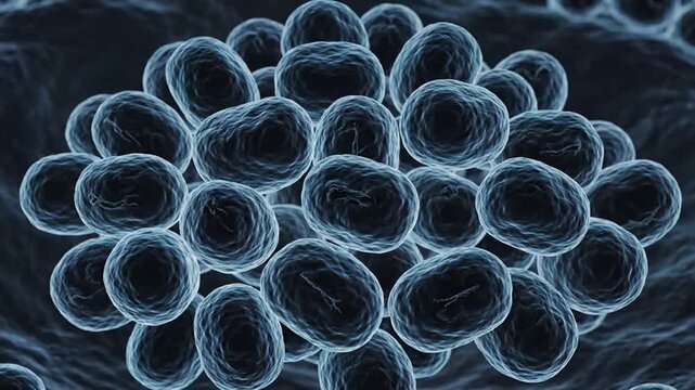 Microscopic View of Bacterial Colony Clustering with Luminescent Properties Under Blue and Gold Lighting on Dark Textured Background Cinematic Render