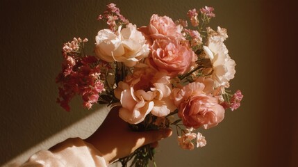 blurry aesthetic social media style photo of hand holding flower bouquet