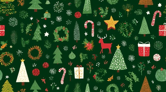 christmas seamless green pattern with festive icons and winter holiday symbols - Powered by Adobe