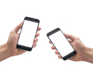 Two hands holding smartphones isolated on transparent background