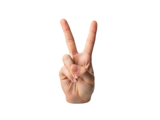 Person making peace sign with hand isolated on transparent background