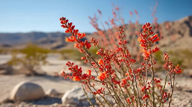 Vibrant Red Ocotillo Flowers Blooming in Arid Desert Landscape Under Bright Blue Sky.