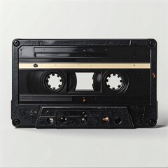 Fototapeta premium Black Cassette Tape with Speckled Texture on Bright White Surface