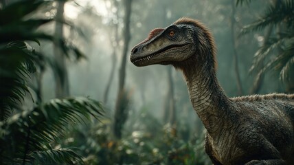 cinematic shot of a Therizinosaurus with its enormous claws, using them to pull down branches for food, not for aggression, set in a lush, vibrant part of the jungle, highly detailed, natural behavior