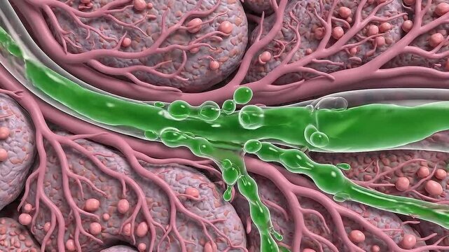 Microscopic View Of Liver Tissue With Green Fluid Flowing Through Sinusoids And Blood Vessels