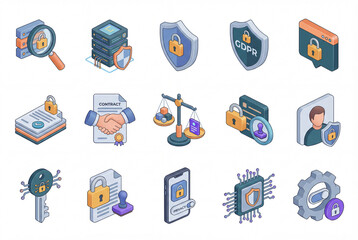 General Data Protection Regulation isometric 3d icon collection isolated on white background. Data privacy and document security including shield, server, mobile and agreement