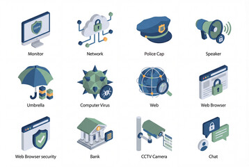 General Data Protection Regulation isometric 3d icon collection isolated on white background. Digital privacy and web security including monitor, cctv, browser and network