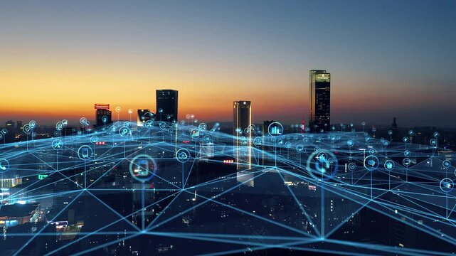 smart Connected city skyline. Futuristic network concept, city Technology.