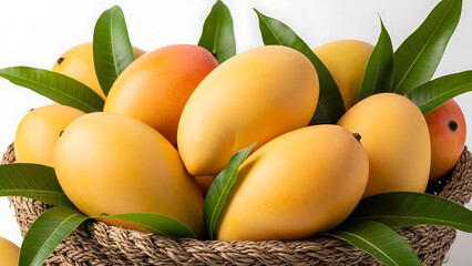 Ripe and Delicious Yellow Mangoes with Green Leaves in a Woven Basket