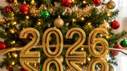 Golden 2026 numerals against a festive christmas tree background with bokeh lights