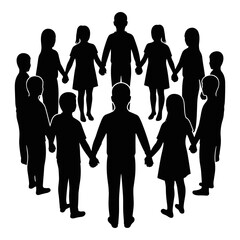Group of diverse people standing together holding hands in a circle silhouette