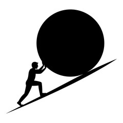 Silhouette of man pushing heavy boulder uphill symbolizing struggle and hard work © Avijit