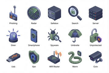 Cyber security and hacking threats isometric 3d icon collection isolated on white background. Digital protection gear including phishing, vpn, server, safebox and smartphone