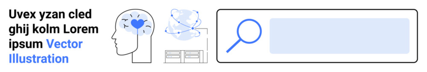Education, technology, data analysis, information search, innovation, science. Human head with brain and heart, search magnifier and scientific icons. Education and technology concepts
