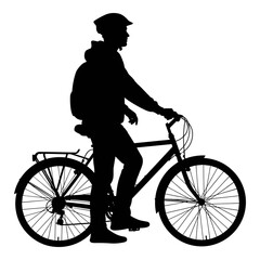 Cyclist silhouette with backpack riding a bicycle against a white background graphic