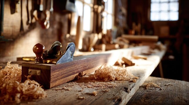 jointer. Woodworking jointer plane on rustic bench surrounded by fresh wood shavings. tutorial guides, club newsletters, designed for sports & leisure club marketing, used by recruiters.