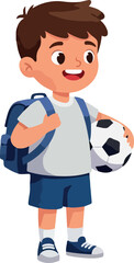 Boy With Soccer Ball Backpack Ready For School Cartoon Style