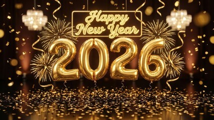 Golden balloons display happy new year 2026 with confetti and fireworks