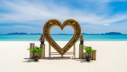A beautifully decorated heart-shaped archway on a tropical beach, perfect for weddings and romantic getaways