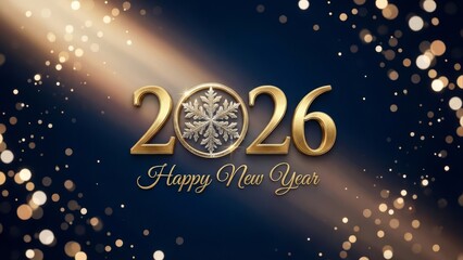Golden year 2026 celebration with snowflake and bokeh lights