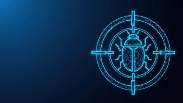 Digital bug within a crosshair target on a dark blue background representing software error detection