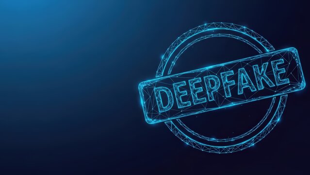 Digital deepfake stamp using artificial intelligence technology against a dark blue background with glowing wireframe effects