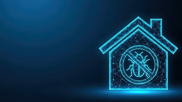 Digital house icon with bug pest control symbol in glowing neon blue abstract geometric network on dark background