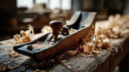 jointer. Woodworking jointer plane on rustic bench surrounded by fresh wood shavings. tutorial guides, club newsletters, designed for sports & leisure club marketing, used by recruiters.