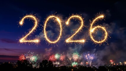 Sparkling fireworks display illuminating the year 2026 against a night sky