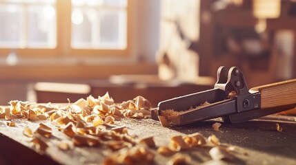 jointer. Woodworking jointer plane on rustic bench surrounded by fresh wood shavings. tutorial guides, club newsletters, designed for sports & leisure club marketing, used by recruiters.