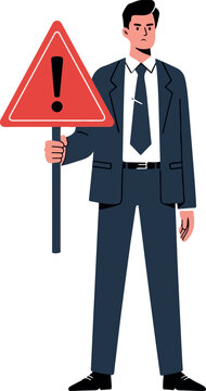 Business Man In Blue Suit Holding A Red Warning Sign With Exclamation Mark