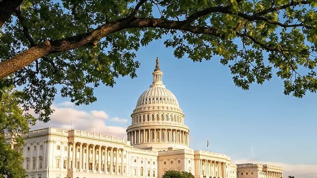 Majestic united states capitol building dome framed by lush green tree branches against a vibrant sunset sky in washington dc