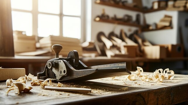 jointer. Woodworking jointer plane on rustic bench surrounded by fresh wood shavings. tutorial guides, club newsletters, designed for sports & leisure club marketing, used by recruiters.