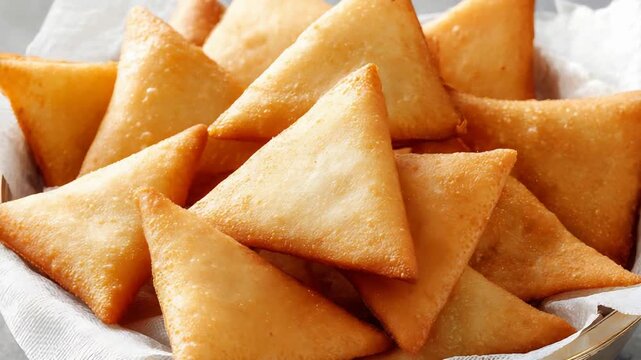 Delicious golden fried triangular pastries stacked in a bowl, perfect for a snack or appetizer.