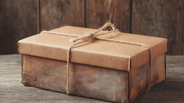 Sustainable Packaging Cardboard Box Wrapped with Natural Twine on Wooden Background.