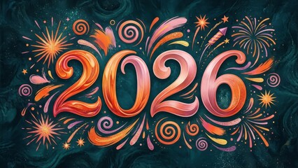 Vibrant 2026 new year celebration with fireworks and swirls
