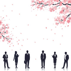 Business People Silhouette Under Pink Cherry Blossoms Falling Petals White Background