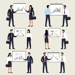 Business People Presenting Data Graphs on Whiteboards Flat Design Icons