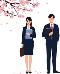 Business People Under Cherry Blossoms Flat Design Vector