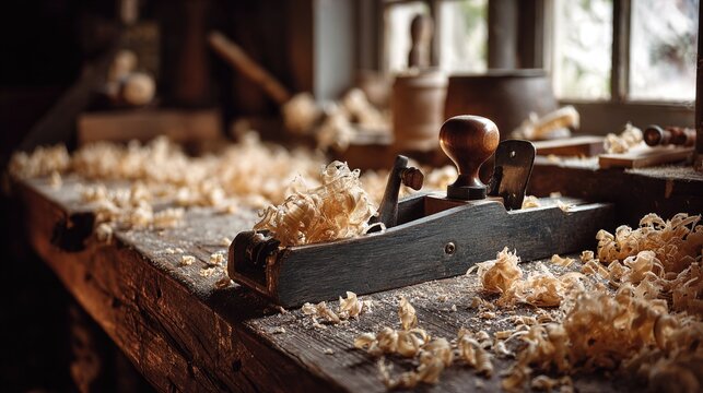 jointer. Woodworking jointer plane on rustic bench surrounded by fresh wood shavings. tutorial guides, club newsletters, designed for sports & leisure club marketing, used by recruiters.