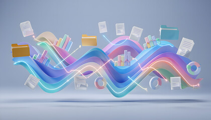 Dynamic digital information flow on a vibrant abstract waveform, symbolizing efficient data organization, analysis, and secure management in the modern business landscape