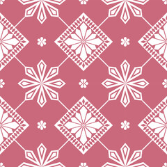 A seamless summer pattern with white multi-petal flowers set in diamond frames, edged by intersecting diamond lines and mixed with large and tiny blooms on a rosy pink background, evoking a bright sea