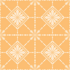 Seamless summer pattern featuring white multi petal flowers framed in diamonds edged with geometric square lines linking bold blooms on a bright pastel yellow background, creating a fresh, seaside