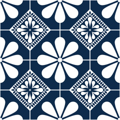 A vibrant summer pattern featuring white hibiscus-like flowers on a teal-blue background, Hawaiian-inspired, alternating with framed diamond florals and crisp square accents for a fresh, lively look