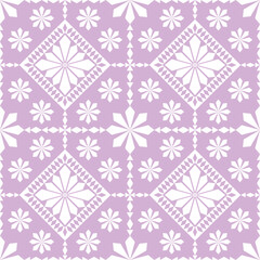 A sweet summer pattern with multi-petal flowers framed in diamonds, surrounded by scattered tiny blooms on a pastel pink and purple background, accented with geometric square lines for a soft seaside 
