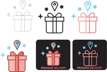 Vector icon set showcasing festive gift box deliveries with precise location markers and sparkling accents, perfect for e-commerce, logistics, and retail concepts