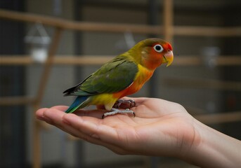 사람 손 위에 앉아 있는 모란앵무새 교감 장면